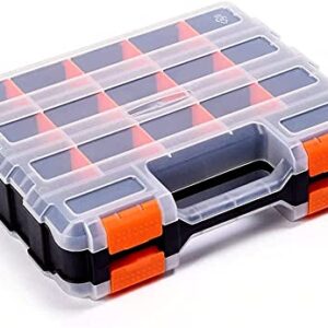 Double Side Tool Storage Box with Removable Plastic Partition, Hardware Box Storage, 34-Compartments, Excellent for Screws, Nuts, Small Parts, Black/Orange