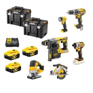 DeWalt DCK690P3T-GB 18V XR Cordless Brushless 6 Piece Power Tool Kit with 3 x 5.0Ah Batteries, Charger & TSTAK VI Tool Boxes