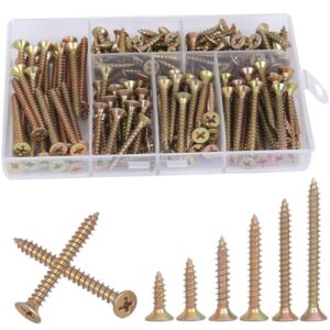 AMLOOPH M3.5 Wood Screws Assortment, 190pcs Self Tapping Screws For Wood Decking 16/20/25/30/35/40mm Small Assorted Zinc Plated Drywall Concrete Screw Set Mixed, With Plastic Box